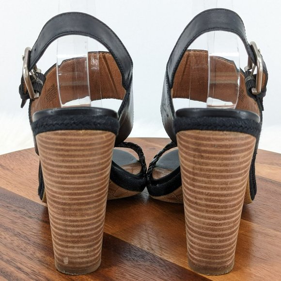 Lucky Brand Putnam Heels 9 M 39 Black Leather Woven Strap Stacked Ankle Buckle - Picture 7 of 13